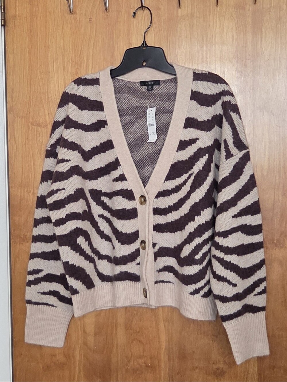 J. Crew Zebra Stripe V-Neck Button Cardigan - Taupe & Dark Brown